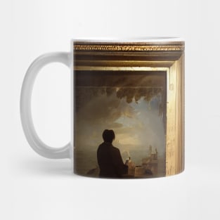 A person in a museum gallery, looking at a painting, of a person, who is looking at, or painting, a painting Mug